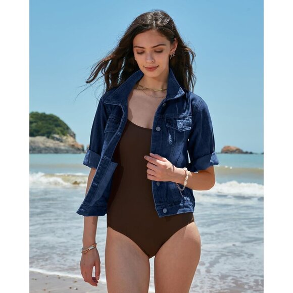 Women's Cropped Denim Jacket 3/4 Sleeve Button Closure Casual Stylish - Picture 4 of 7